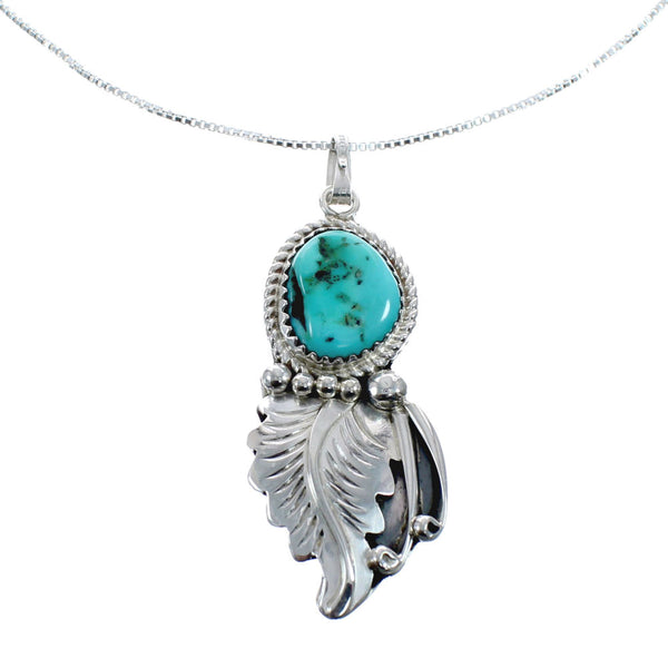 Sterling Silver Leaf Navajo Turquoise Pendant 16" Box Italian Chain Necklace Set AX127635